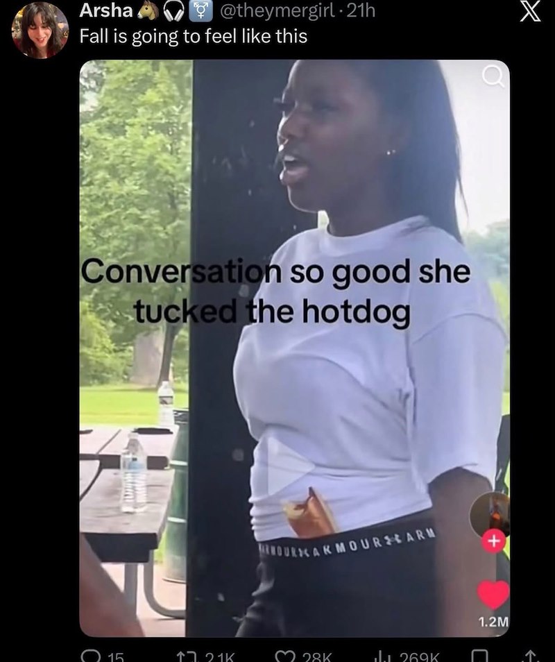 Arsha @theymergirl - 21h Fall is going to feel like this O Conversation so good she tucked the hotdog 15 21% ב1 HOURSARMOUR ARM X 1.2M 28K L. 269K ↑
