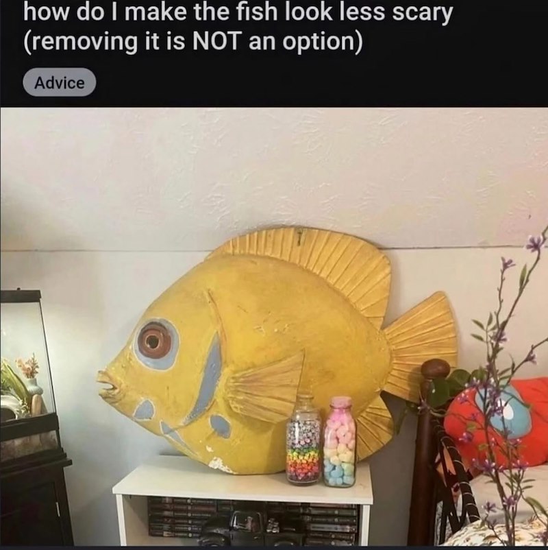 how do I make the fish look less scary (removing it is NOT an option) Advice