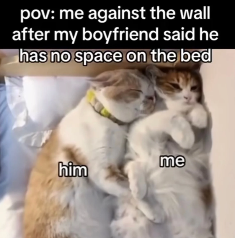 pov: me against the wall after my boyfriend said he has no space on the bed me him