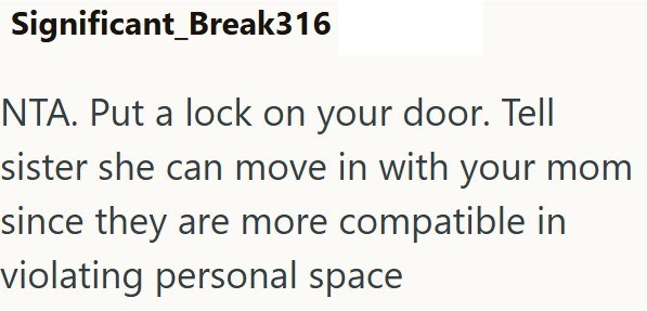 Significant_Break316 NTA. Put a lock on your door. Tell sister she can move in with your mom since they are more compatible in violating personal space