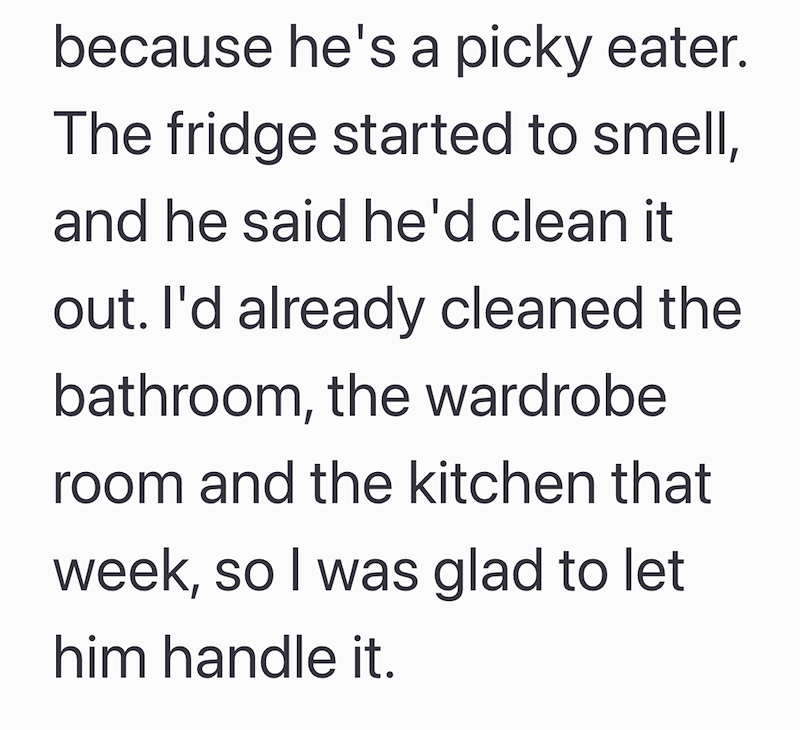 because he's a picky eater. The fridge started to smell, and he said he'd clean it out. I'd already cleaned the bathroom, the wardrobe room and the kitchen that week, so I was glad to let him handle it.