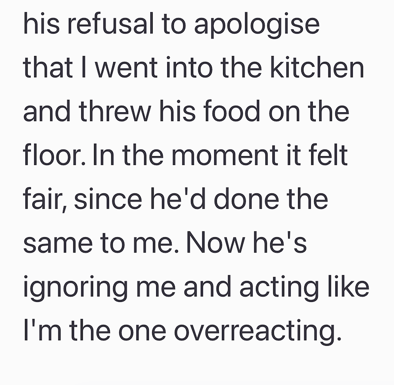 his refusal to apologise that I went into the kitchen and threw his food on the floor. In the moment it felt fair, since he'd done the same to me. Now he's ignoring me and acting like I'm the one overreacting.
