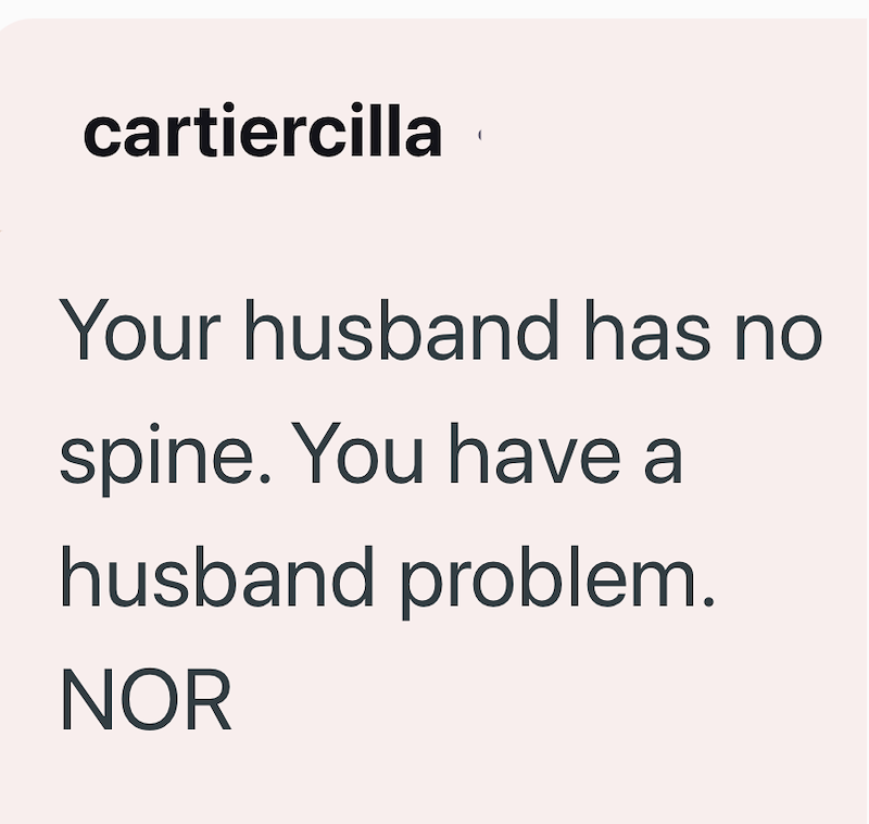 cartiercilla Your husband has no spine. You have a husband problem. NOR