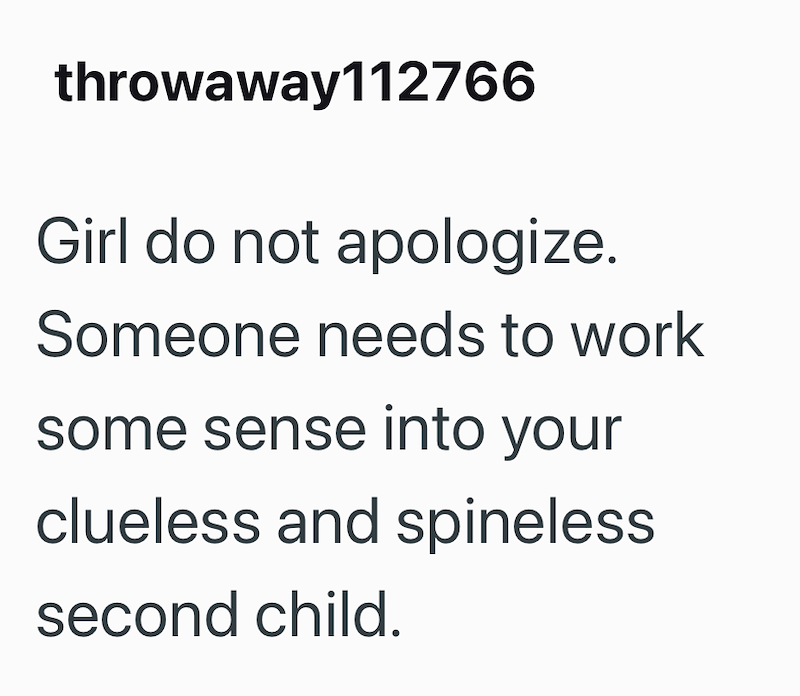 throwaway112766 Girl do not apologize. Someone needs to work some sense into your clueless and spineless second child.