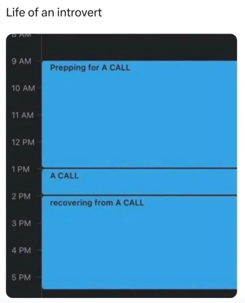 Life of an introvert AM 9 AM Prepping for A CALL 10 AM 11 AM 12 PM 1 PM A CALL 2 PM recovering from A CALL 3 PM 4 PM 5 PM