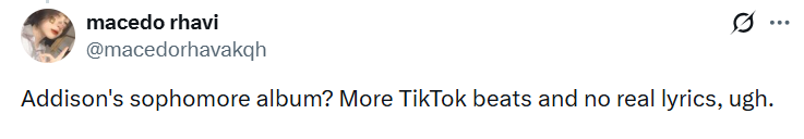macedo rhavi @macedorhavakqh Addison's sophomore album? More TikTok beats and no real lyrics, ugh.