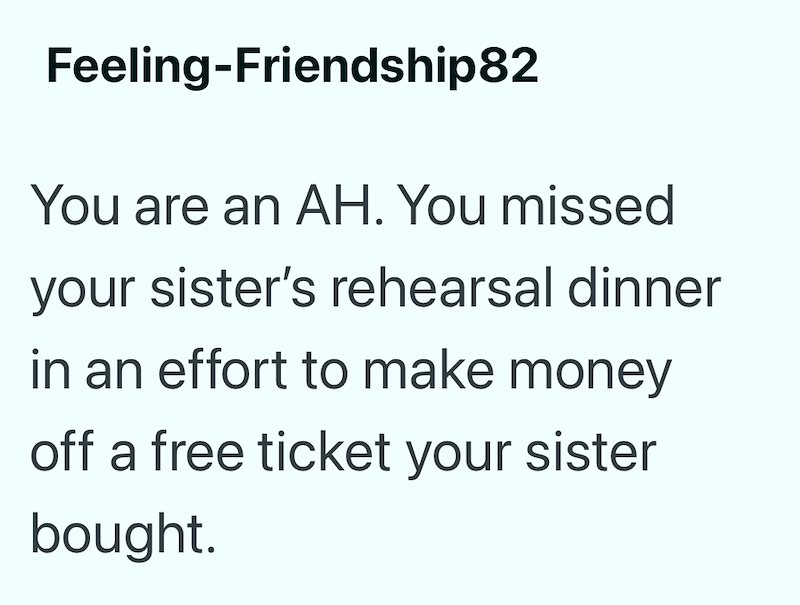 Feeling-Friendship82 You are an AH. You missed your sister's rehearsal dinner in an effort to make money off a free ticket your sister bought.