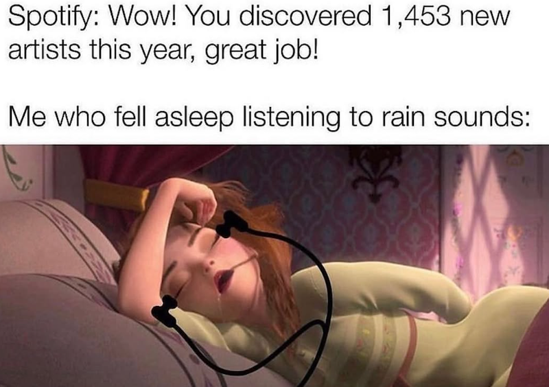 Spotify: Wow! You discovered 1,453 new artists this year, great job! Me who fell asleep listening to rain sounds: