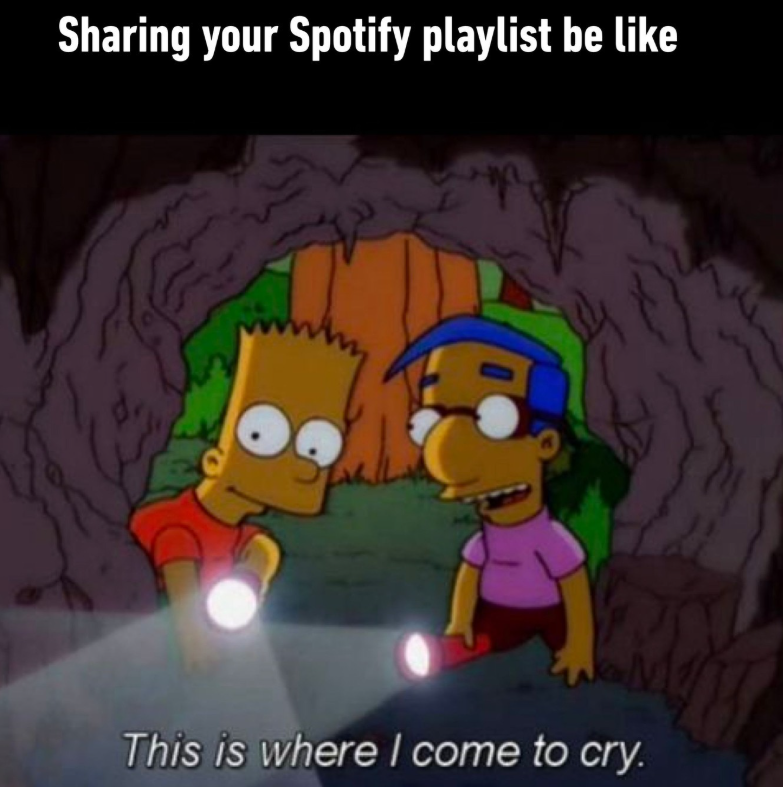 Sharing your Spotify playlist be like This is where I come to cry.
