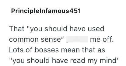 PrincipleInfamous451 That "you should have used common sense" | me off. Lots of bosses mean that as "you should have read my mind"