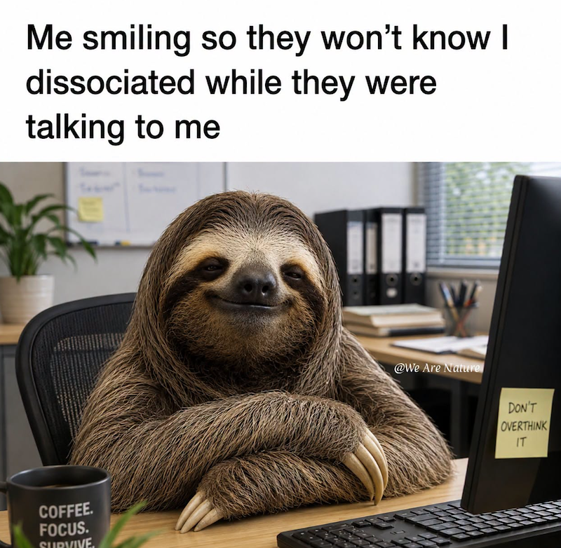 Me smiling so they won't know I dissociated while they were talking to me COFFEE. FOCUS. SURVIVE. @We Are Nature DON'T OVERTHINK IT