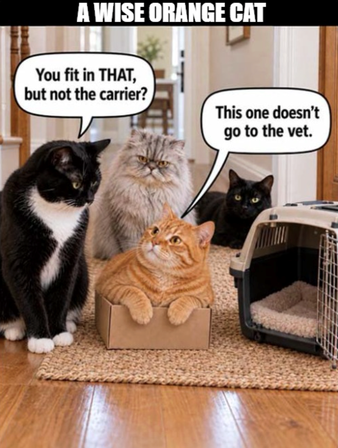 A WISE ORANGE CAT You fit in THAT, but not the carrier? This one doesn't go to the vet.
