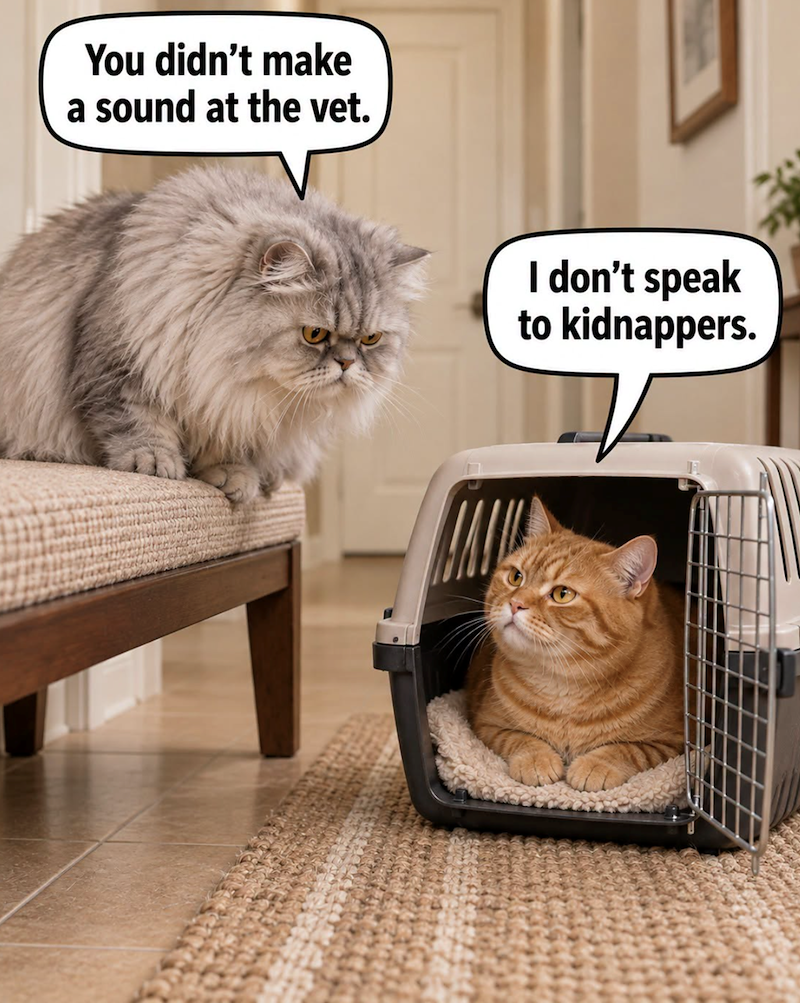 You didn't make a sound at the vet. I don't speak to kidnappers.