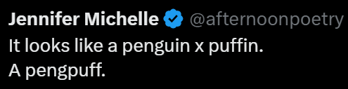 Jennifer Michelle ❤ @afternoonpoetry It looks like a penguin x puffin. A pengpuff.