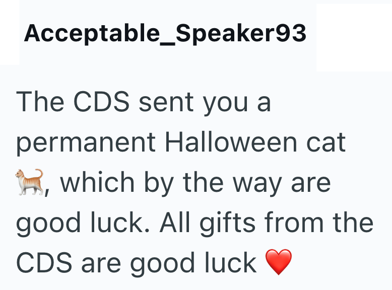 Acceptable Speaker93 The CDS sent you a permanent Halloween cat , which by the way are good luck. All gifts from the CDS are good luck