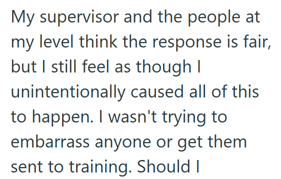 My supervisor and the people at my level think the response is fair, but I still feel as though I unintentionally caused all of this to happen. I wasn't trying to embarrass anyone or get them sent to training. Should I