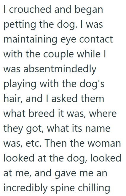 I crouched and began petting the dog. I was maintaining eye contact with the couple while I was absentmindedly playing with the dog's hair, and I asked them what breed it was, where they got, what its name was, etc. Then the woman looked at the dog, looked at me, and gave me an incredibly spine chilling