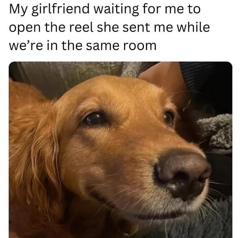 My girlfriend waiting for me to open the reel she sent me while we're in the same room