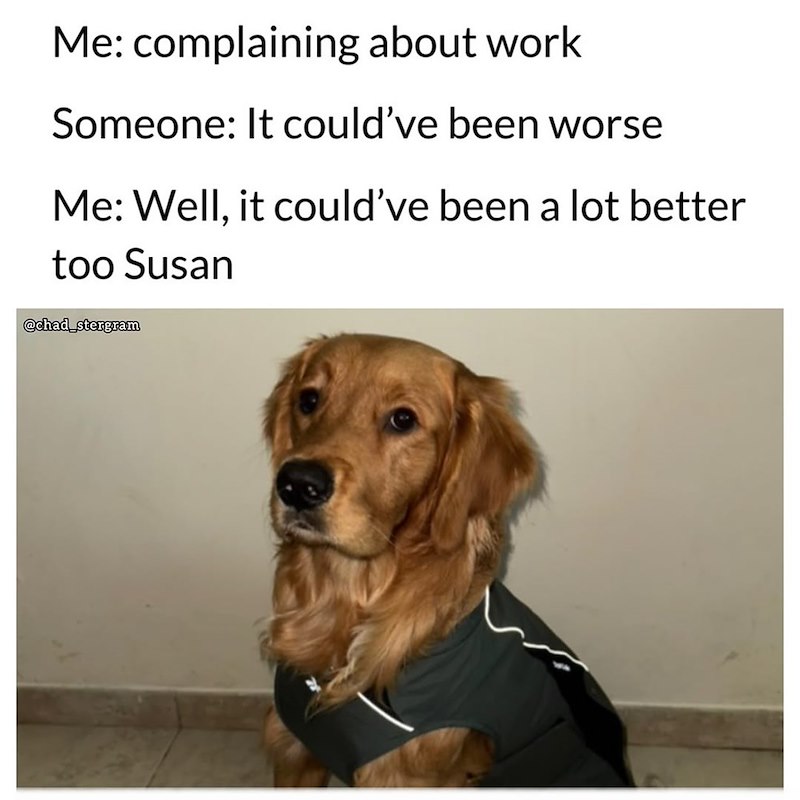 Me: complaining about work Someone: It could've been worse Me: Well, it could've been a lot better too Susan @chad_stergram