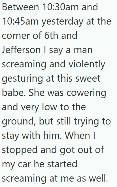 Between 10:30am and 10:45am yesterday at the corner of 6th and Jefferson I say a man screaming and violently gesturing at this sweet babe. She was cowering and very low to the ground, but still trying to stay with him. When I stopped and got out of my car he started screaming at me as well.
