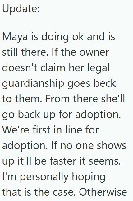 Update: Maya is doing ok and is still there. If the owner doesn't claim her legal guardianship goes beck to them. From there she'll go back up for adoption. We're first in line for adoption. If no one shows up it'll be faster it seems. I'm personally hoping that is the case. Otherwise
