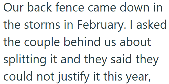 Our back fence came down in the storms in February. I asked the couple behind us about splitting it and they said they could not justify it this year,