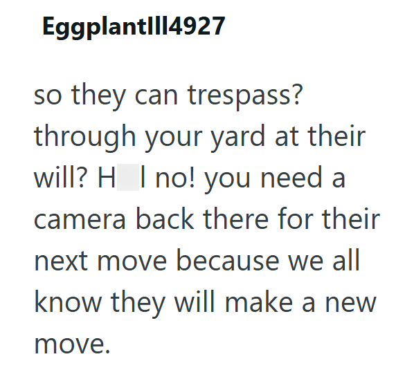 Eggplant|||4927 so they can trespass? through your yard at their will? H I no! you need a camera back there for their next move because we all know they will make a new move.