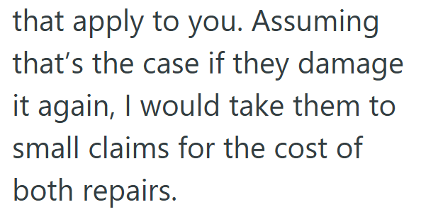 that apply to you. Assuming that's the case if they damage it again, I would take them to small claims for the cost of both repairs.