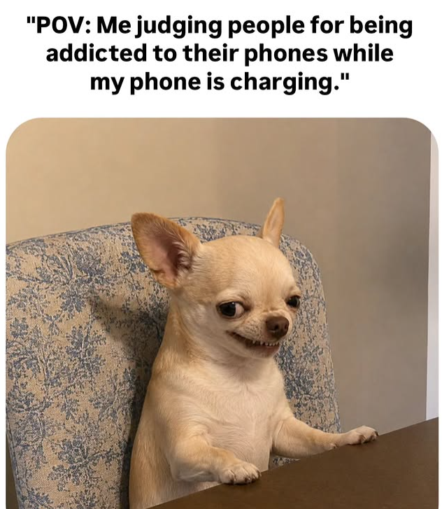 "POV: Me judging people for being addicted to their phones while my phone is charging."