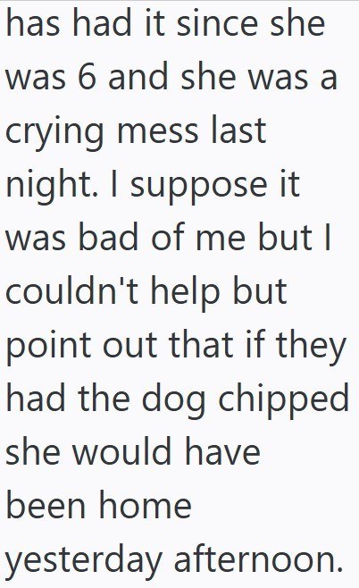 has had it since she was 6 and she was a crying mess last night. I suppose it was bad of me but I couldn't help but point out that if they had the dog chipped she would have been home yesterday afternoon.