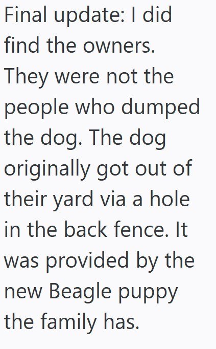 Final update: I did find the owners. They were not the people who dumped the dog. The dog originally got out of their yard via a hole in the back fence. It was provided by the new Beagle puppy the family has.