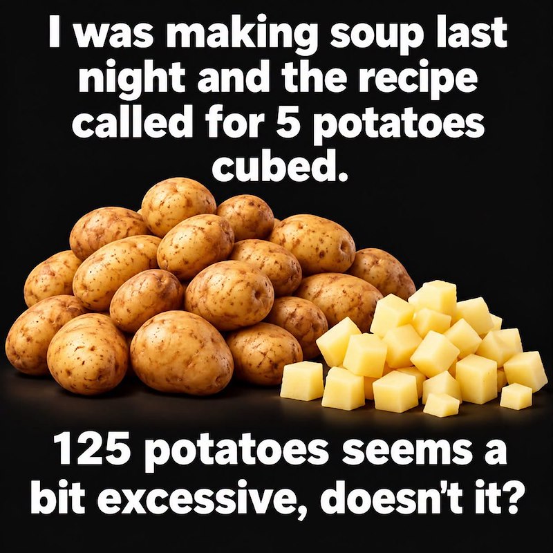 I was making soup last night and the recipe called for 5 potatoes cubed. 125 potatoes seems a bit excessive, doesn't it?