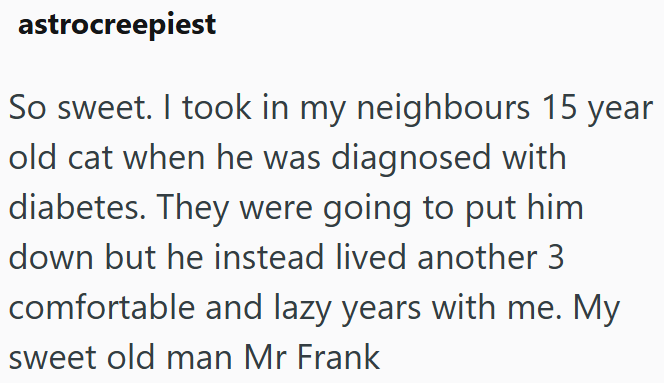 astrocreepiest So sweet. I took in my neighbours 15 year old cat when he was diagnosed with diabetes. They were going to put him down but he instead lived another 3 comfortable and lazy years with me. My sweet old man Mr Frank