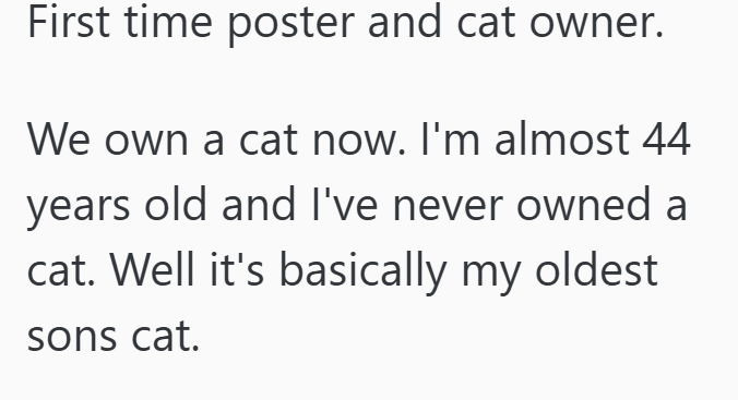 First time poster and cat owner. We own a cat now. I'm almost 44 years old and I've never owned a cat. Well it's basically my oldest sons cat.