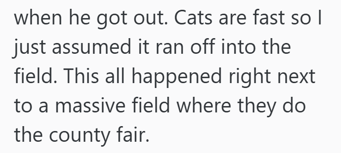 when he got out. Cats are fast so | just assumed it ran off into the field. This all happened right next to a massive field where they do the county fair.