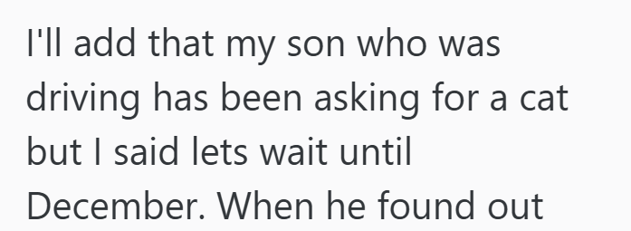 I'll add that my son who was driving has been asking for a cat but I said lets wait until December. When he found out