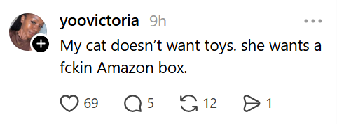 yoovictoria 9h (+ My cat doesn't want toys. she wants a fckin Amazon box. 69 ☐ 5 12 ✈ 1