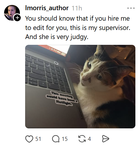 Imorris_author 11h + You should know that if you hire me to edit for you, this is my supervisor. And she is very judgy. 9 This meeting Could have been Fistfight. 51 Q15 G4 Ө