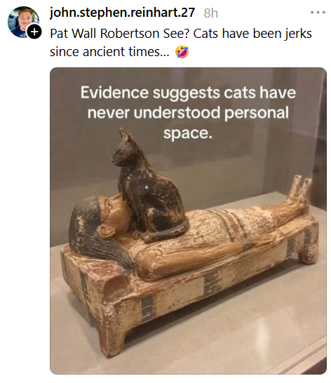 john.stephen.reinhart.27 8h + Pat Wall Robertson See? Cats have been jerks since ancient times... Evidence suggests cats have never understood personal space.