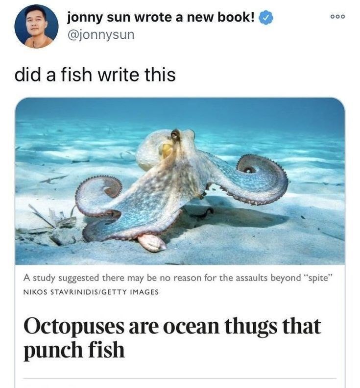 jonny sun wrote a new book! @jonnysun did a fish write this A study suggested there may be no reason for the assaults beyond "spite" NIKOS STAVRINIDIS/GETTY IMAGES Octopuses are ocean thugs that punch fish 000