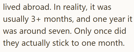 lived abroad. In reality, it was usually 3+ months, and one year it was around seven. Only once did they actually stick to one month.