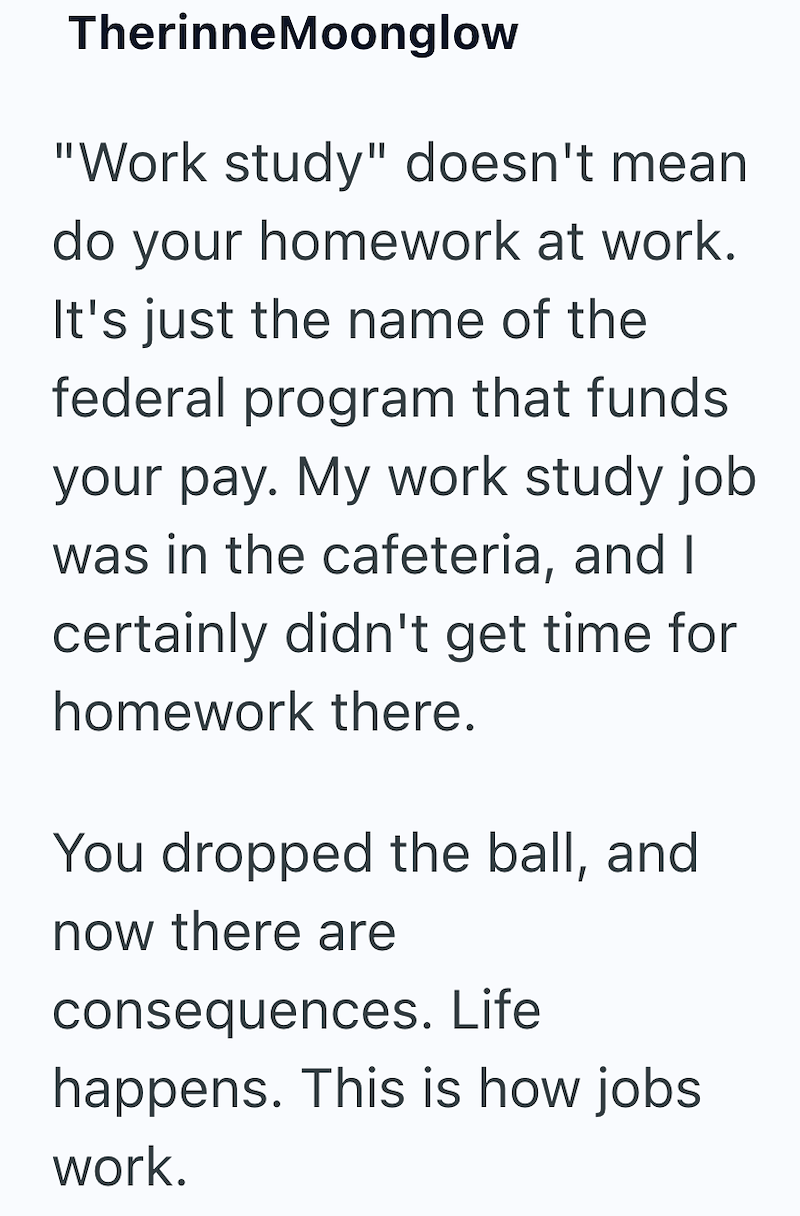Therinne Moonglow "Work study" doesn't mean do your homework at work. It's just the name of the federal program that funds your pay. My work study job was in the cafeteria, and I certainly didn't get time for homework there. You dropped the ball, and now there are consequences. Life happens. This is how jobs work.