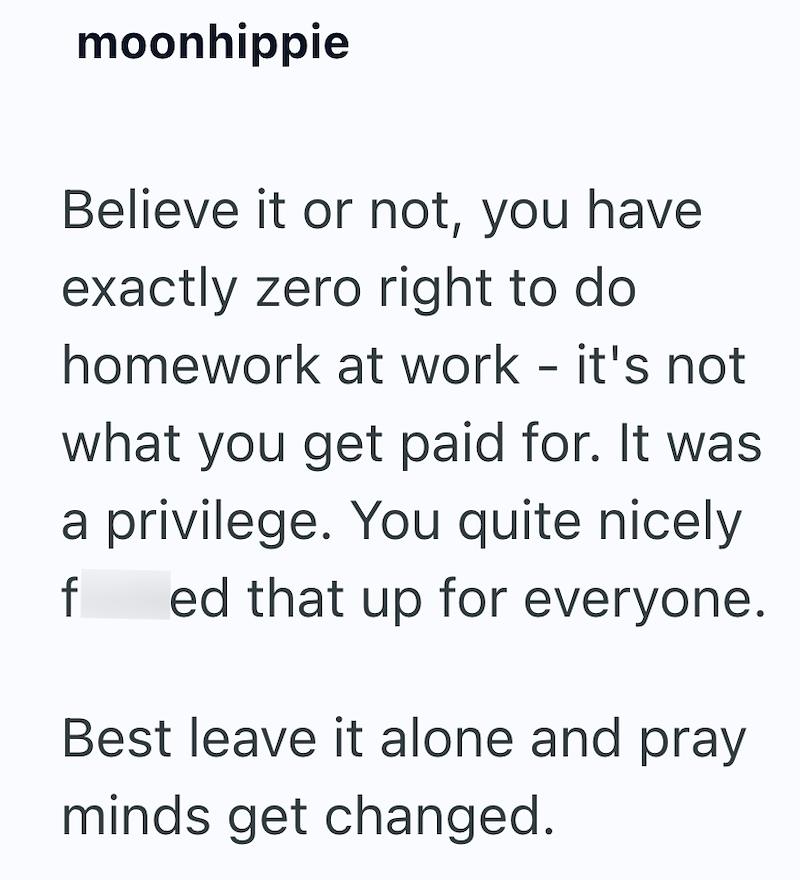 moonhippie Believe it or not, you have exactly zero right to do homework at work - it's not what you get paid for. It was a privilege. You quite nicely f ed that up for everyone. Best leave it alone and pray minds get changed.