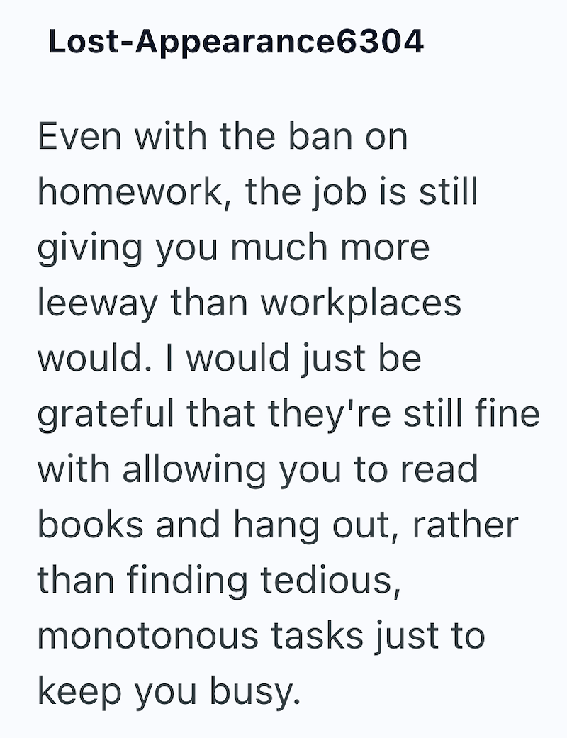 Lost-Appearance6304 Even with the ban on homework, the job is still giving you much more leeway than workplaces would. I would just be grateful that they're still fine with allowing you to read books and hang out, rather than finding tedious, monotonous tasks just to keep you busy.