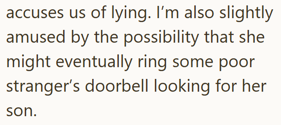 accuses us of lying. I'm also slightly amused by the possibility that she might eventually ring some poor stranger's doorbell looking for her son.