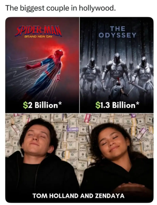 The biggest couple in hollywood. SPIDER-MAN BRAND NEW DAY THE ODYSSEY $2 Billion* $1.3 Billion* TOM HOLLAND AND ZENDAYA