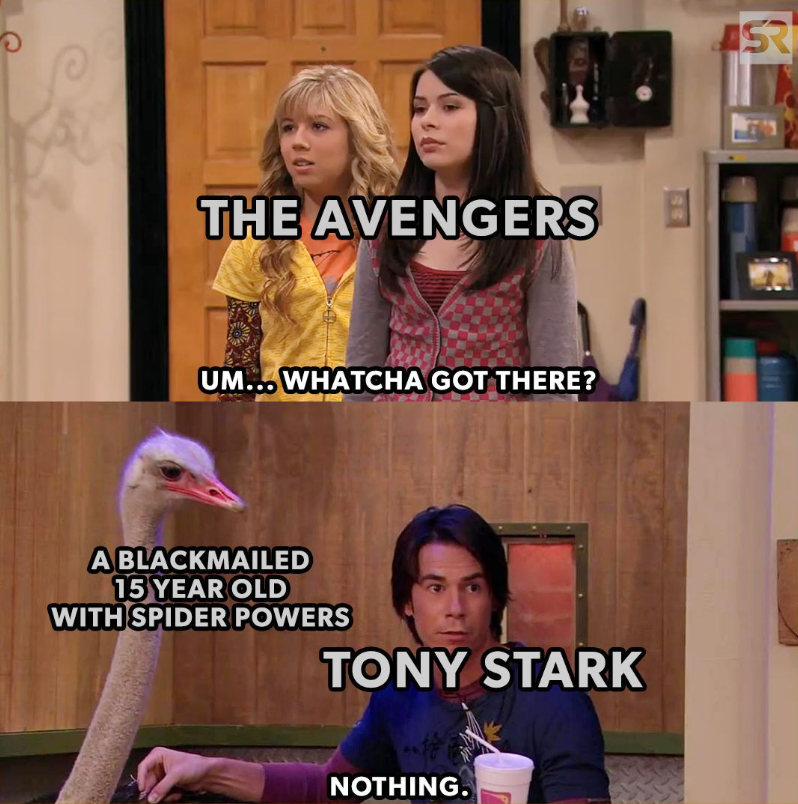 THE AVENGERS 日 UM... WHATCHA GOT THERE? A BLACKMAILED 15 YEAR OLD WITH SPIDER POWERS TONY STARK NOTHING. ASR
