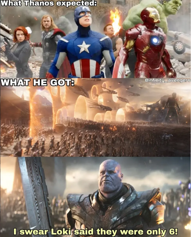 What Thanos expected: WHAT HE GOT: @infinity_avengers I swear Loki said they were only 6!