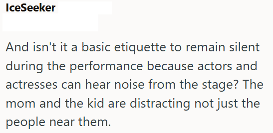 IceSeeker And isn't it a basic etiquette to remain silent during the performance because actors and actresses can hear noise from the stage? The mom and the kid are distracting not just the people near them.