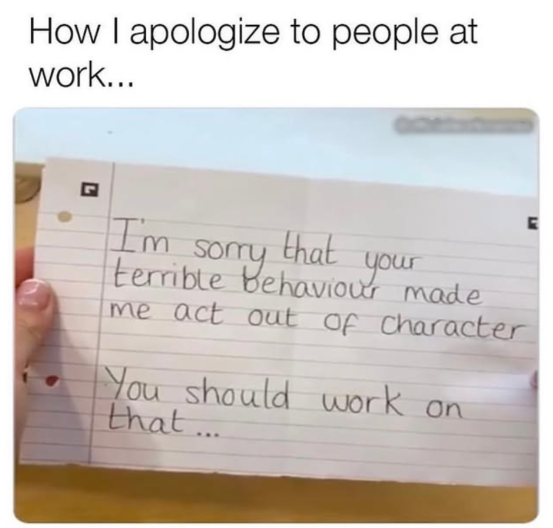 How I apologize to people at work... 2 I'm sorry that your terrible behaviour made me act out of character You should work on that... E